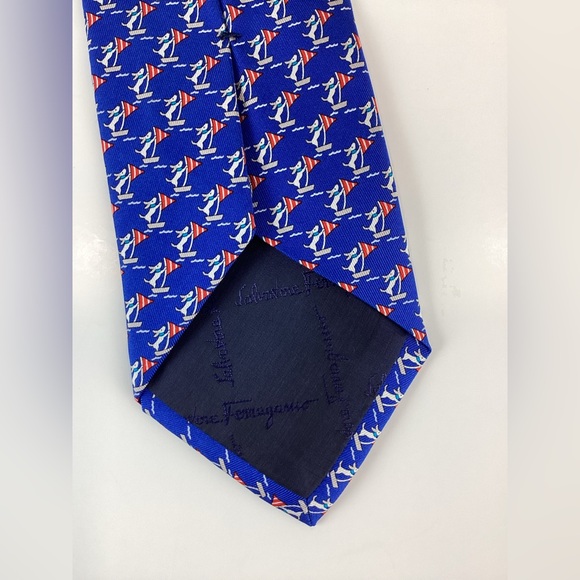 Salvatore Ferragamo Red and Blue Dog on Sailboat Silk Tie - Picture 11 of 12